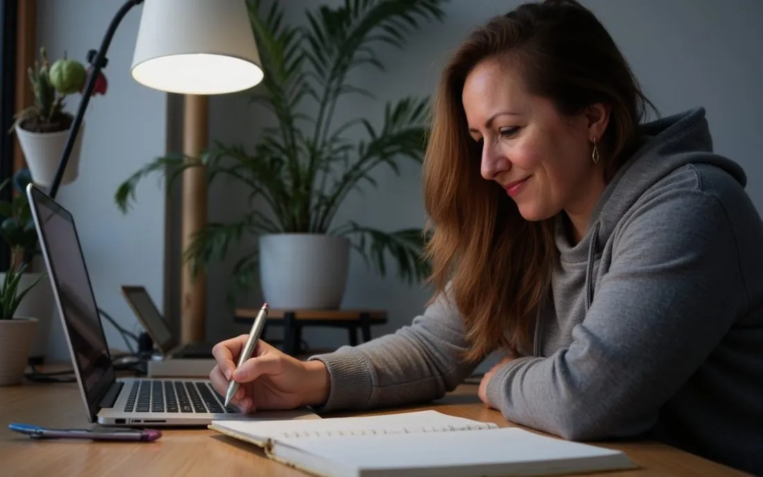 Woman writing in a notebook at her desk in the evening